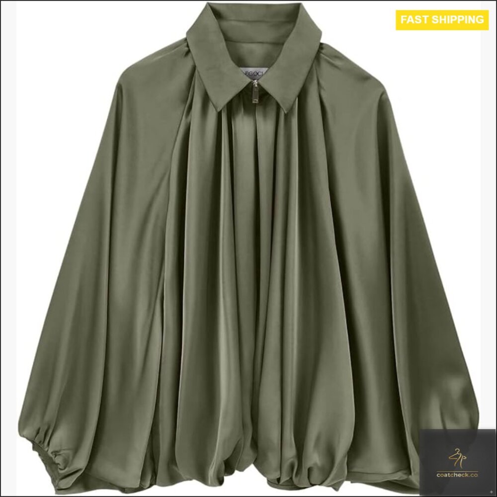Satin Bomber Jacket Oversized Batwing Sleeve Loose Fit Zip Up Outerwear